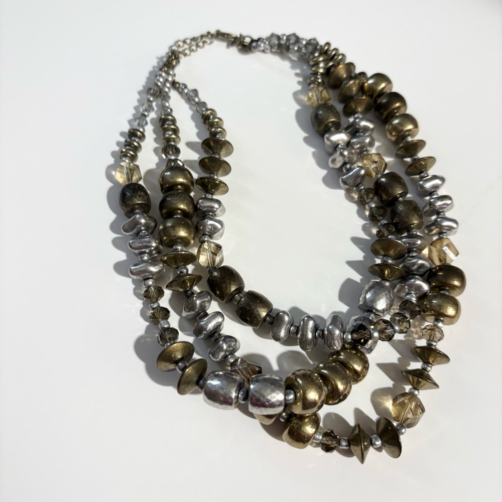 Premier Design Triple Strand Gold Silver Beaded Faceted Necklace